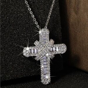 Beautiful Diamond Lab created Cross White Gold Pltd Necklace - New NWTS